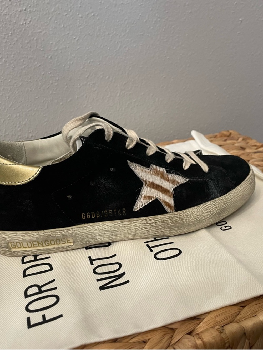 Golden Goose Black Suede Star Sneaker with Gold Heel and Brown-Striped Star